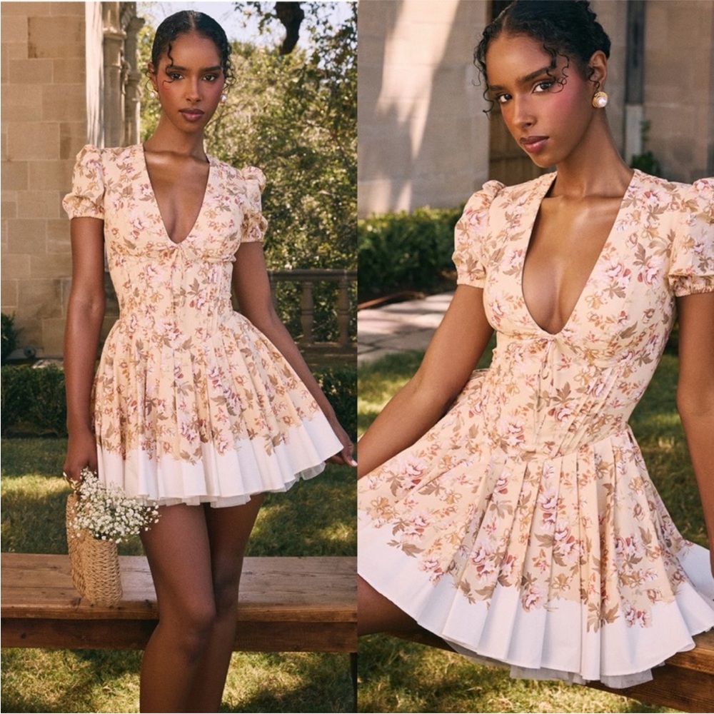 House of CB ‘Imani’ Honeyflower Print Pleated Cotton Mini Dress NWT